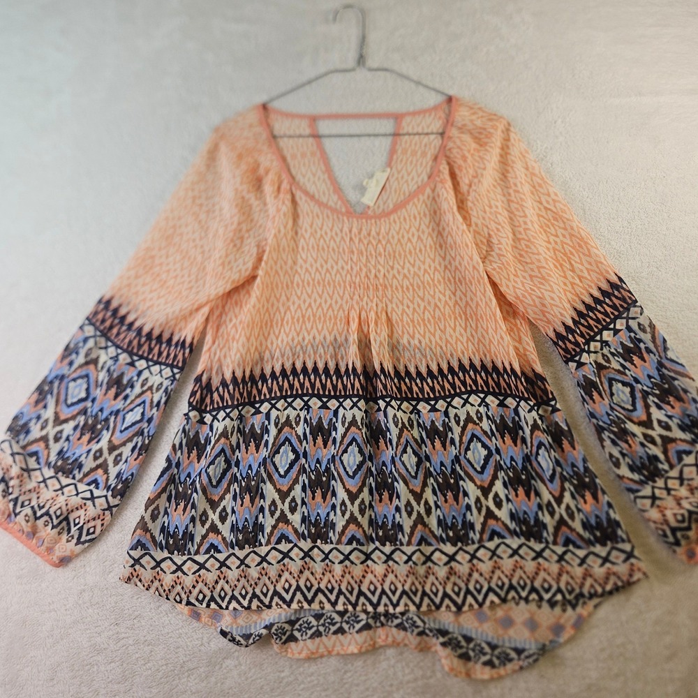 Sweet Journey Womens Medium Sheer Ikat Geometric Print Long Sleeve Blouse Coral